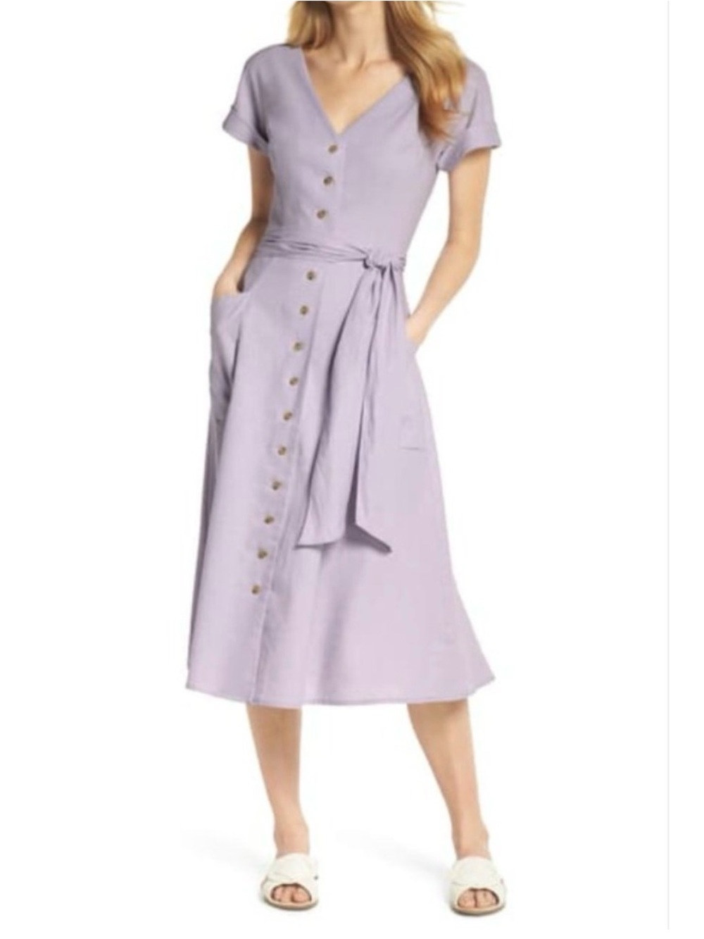 Gal Meets Glam Vanessa Lavender Linen Blend Button Front Midi Dress Size 12 - Picture 2 of 13